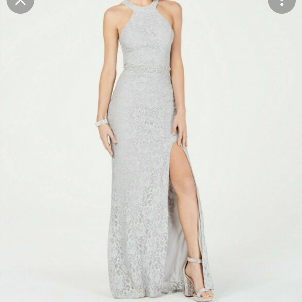 City Studio Formal long grey slit dress.